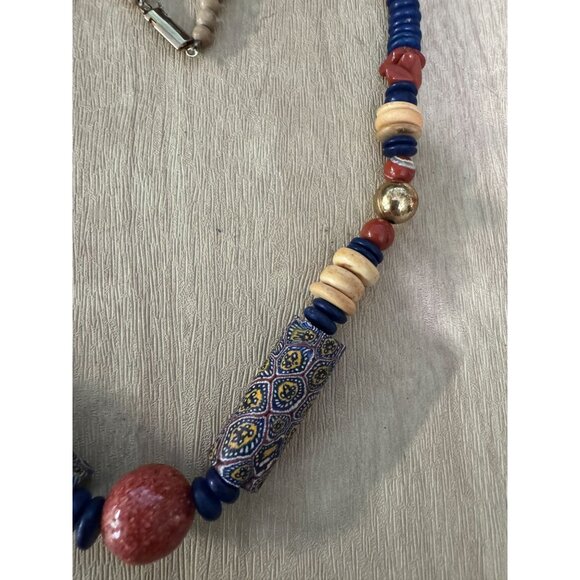 Vintage Murano Venetian Millefiori Beaded Necklace With Red & Blue Accents 16" - Picture 8 of 9